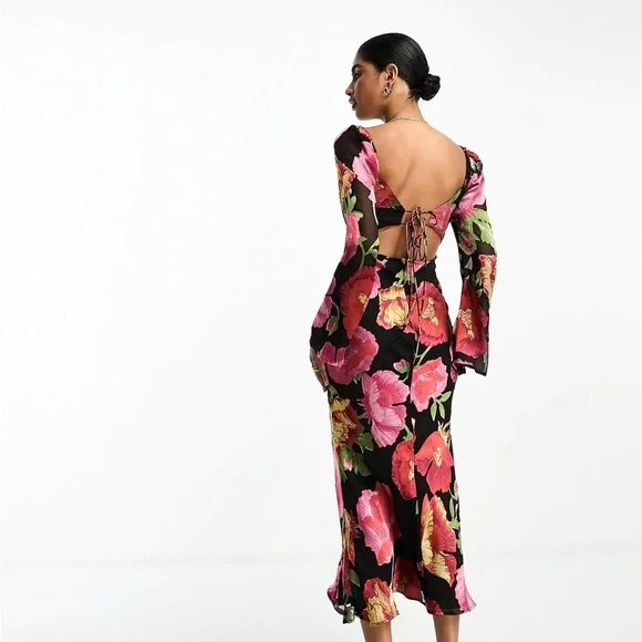 ASOS Long Sleeve Midi Floral Burnout Print Dress - Black/Multi - US sz 12 - NWT - Picture 2 of 7